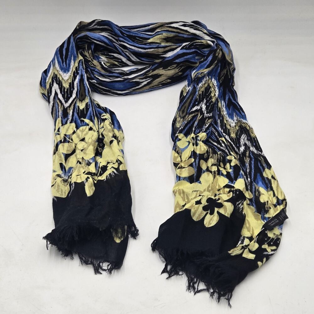 J. Jill Wearever Blue Yellow Floral Scarf Rectangle 20x70" Chic Modern